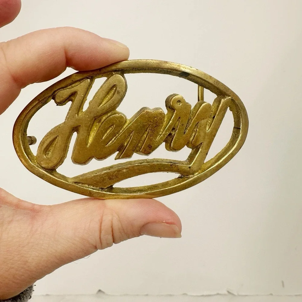 Henry - Brass Oval Belt Buckle Name In Cursive Marked Solid Brass‎ Taiwan